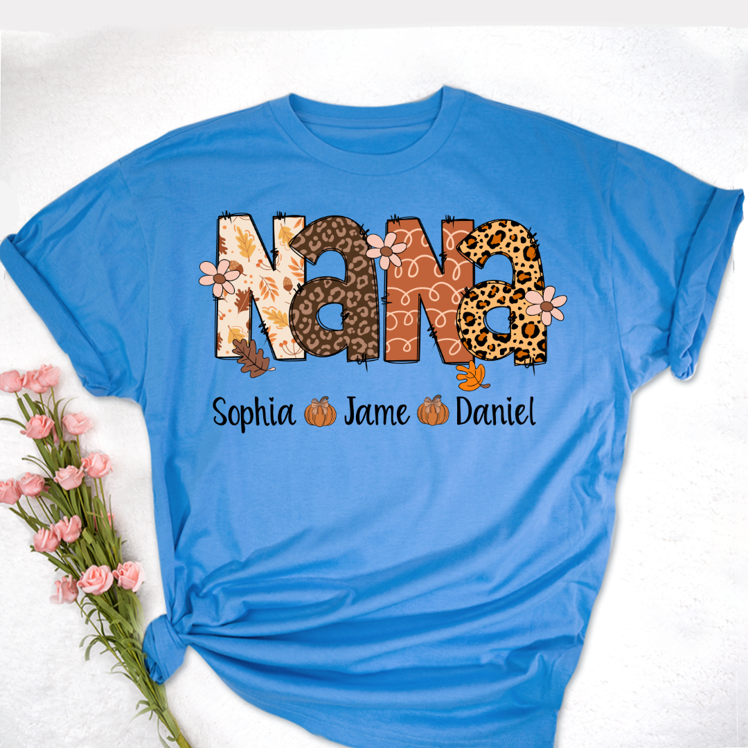 Autumn Leopard Nana And Grandkids Personalized Shirt