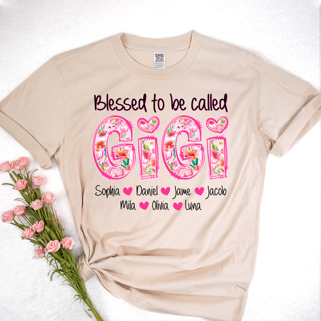 Blessed To Be Called Gigi Custom Gigi And Grandkids Pink Flower T-Shirt