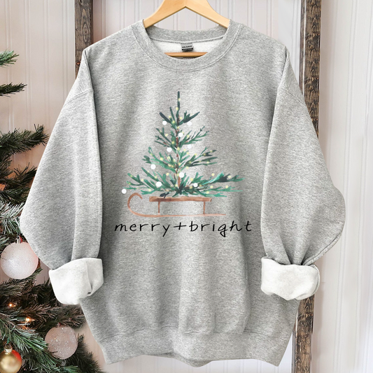 Christmas Sweatshirt for Women, Merry and Bright Hooded Sweatshirt, Christmas Tree Crewneck Sweater, Matching Family Group Holiday Shirts