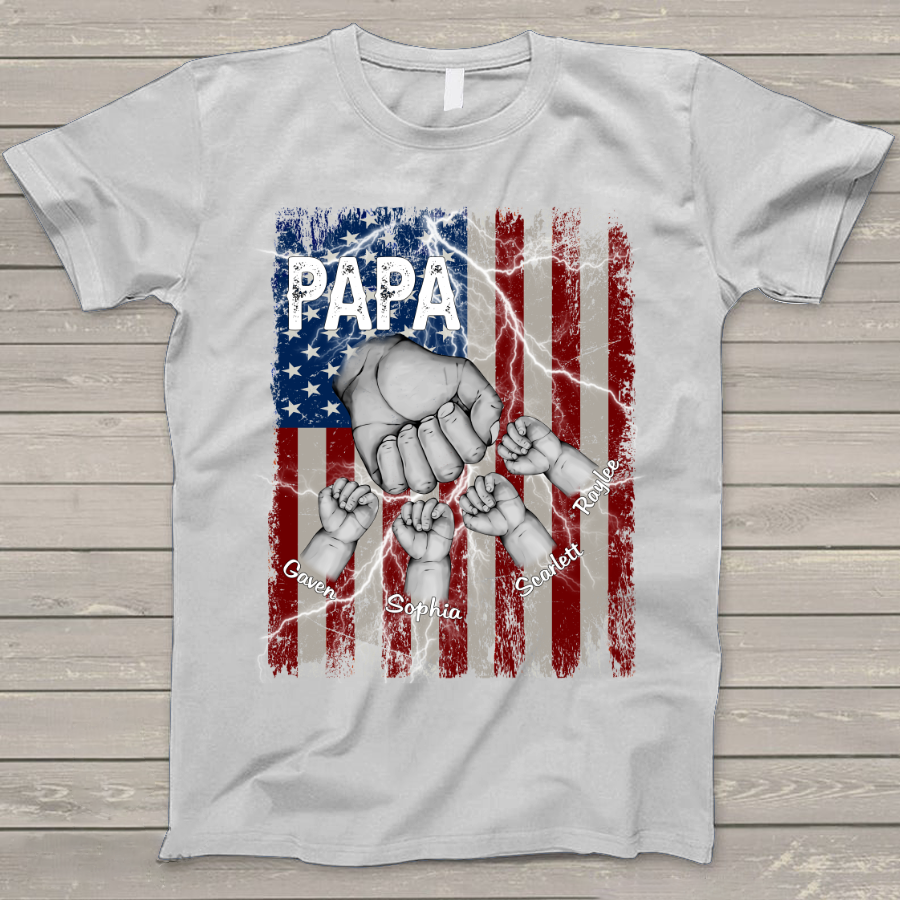 Customized Papa Grandkids Hands Flag Lightning for Proud Grandfathers T-Shirt