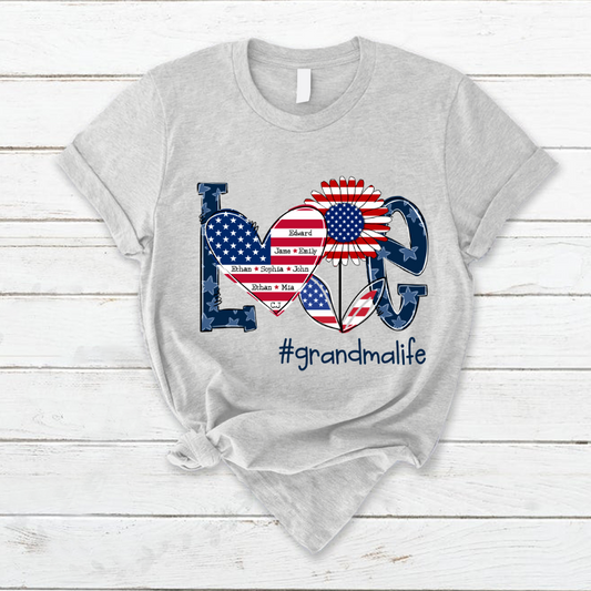 Love Grandma Life With Grandkids Heart Flag Sunflower T-Shirt