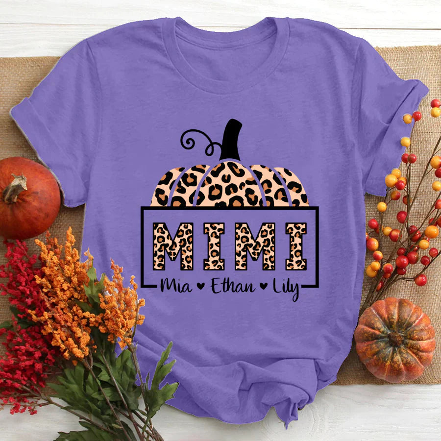 Mimi And Grandkids Pumpkin Leopard T-Shirt