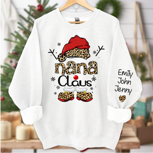 Nana Claus And Grandkids Heart Leopard Christmas Sweatshirt