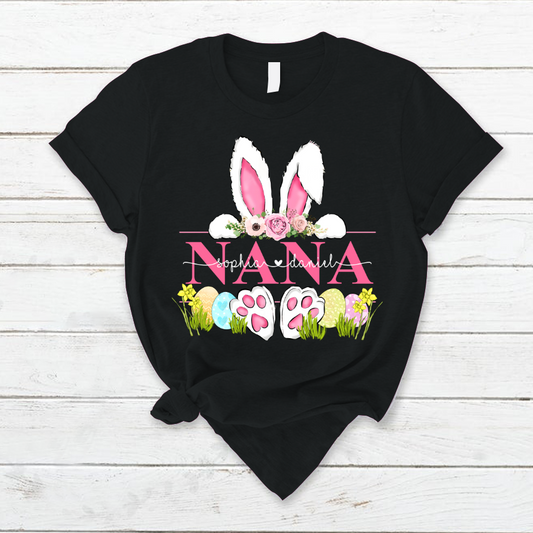 Nana Pink Bunny Easter Days, Custom Grandma With Kid TH T-Shirt