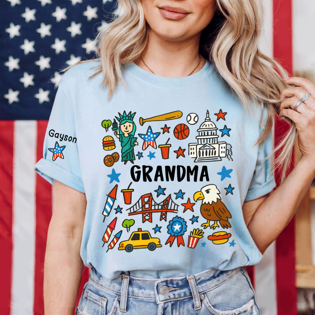 Patriotic 4th of July Custom Grandma and Grandkids Name, America 250th Anniversary Gift T-shirt