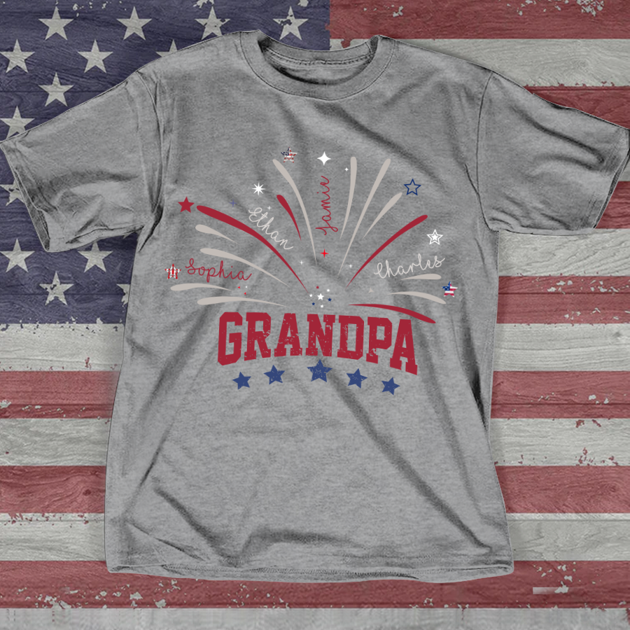Peronalized Firework America Flag Grandpa And Kids T-Shirt, Custom 4th Of July Shirt, Father's Day Shirt