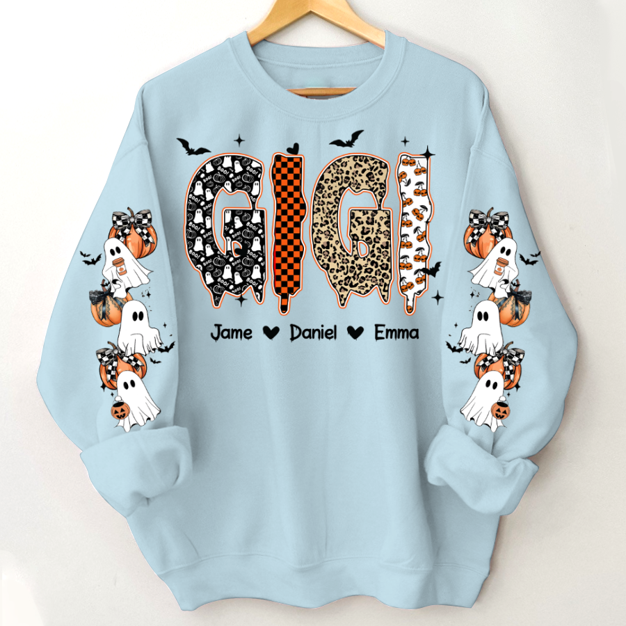 Personalized Halloween Gigi and Grandkids with Pumpkin & Ghost Sleeve Sweatshirt