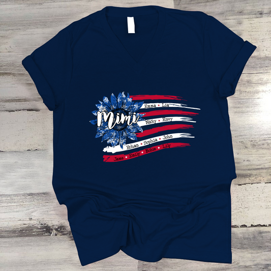 Personalized Grandma with Grandkids Sunflower American Flag V-Neck