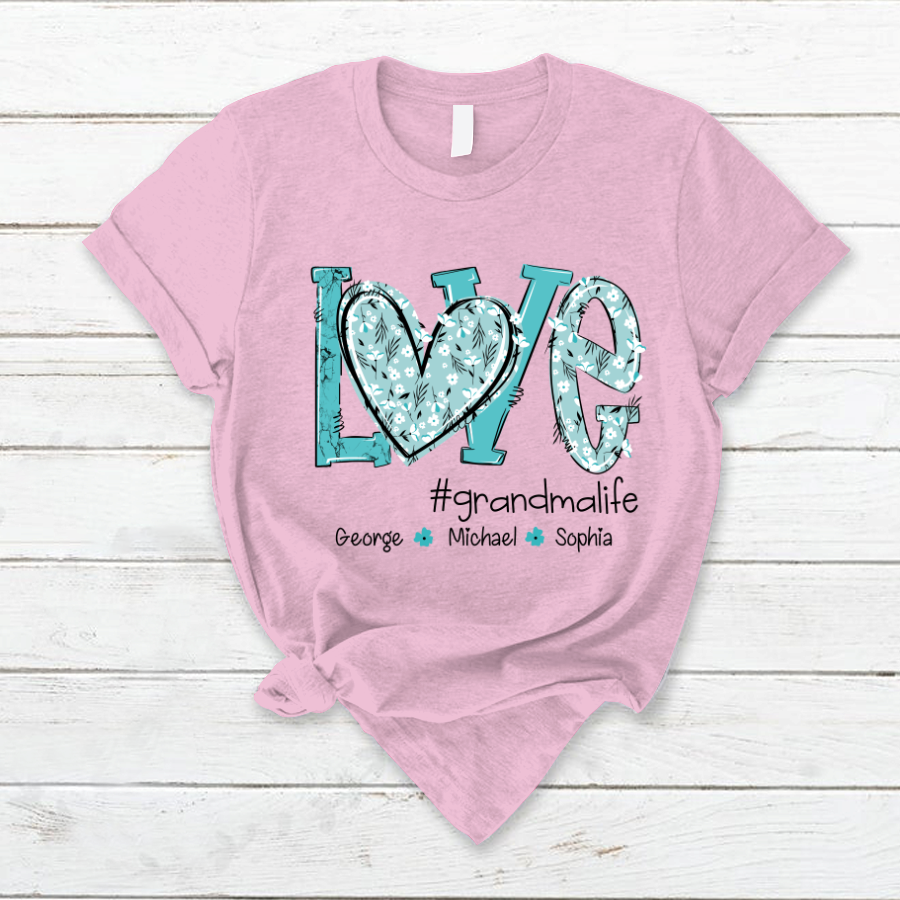 Personalized Love Grandma And Grandkids Pattern Flower Turquoise T-Shirt