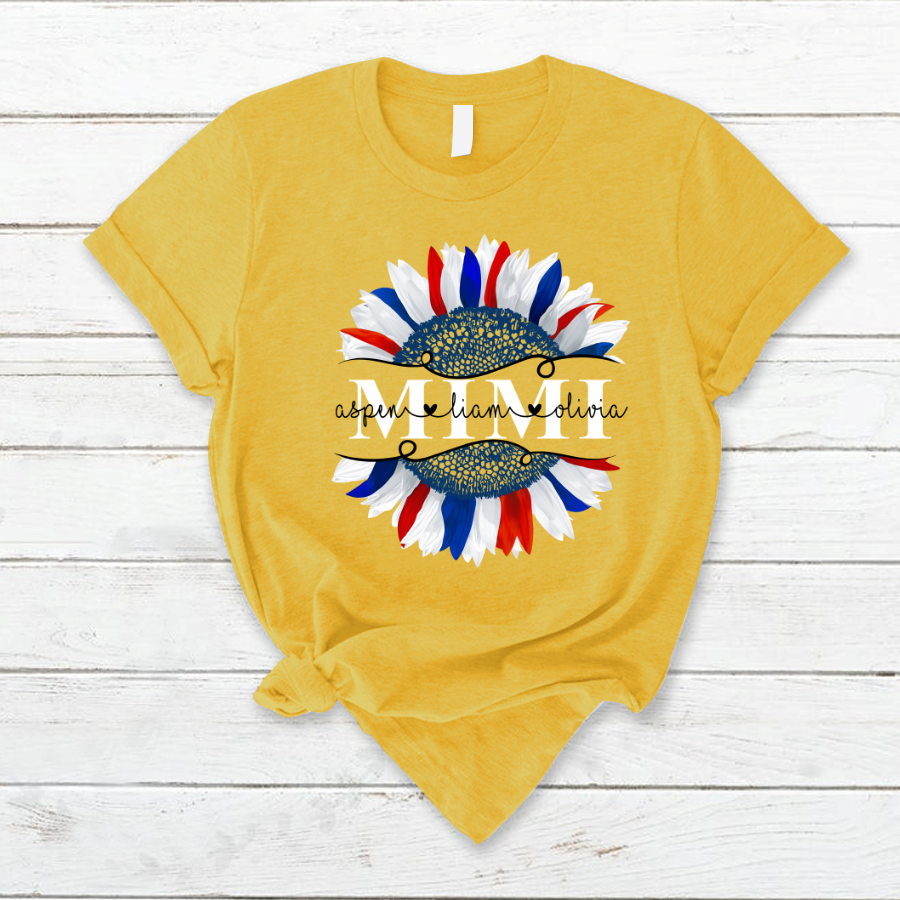 Personalized Mimi And Grandkids Sunflower Flag American T-Shirt