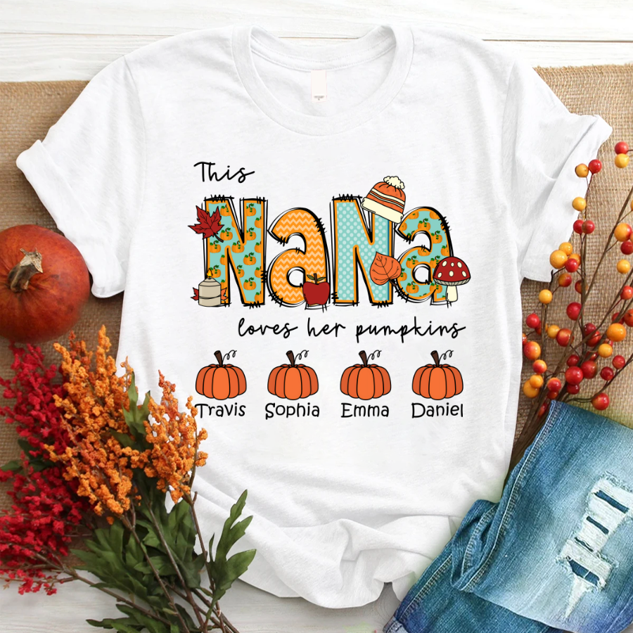 This Nana Loves Love Her Pumpkins, Custom Nana & Grandkids, Autumn Gift, Grandma Gift TH T-Shirt
