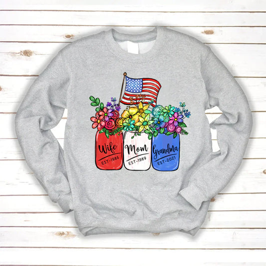 America Flag and Rainbow Floral Peace Wife Est Mom Est Grandma Est Sweatshirt