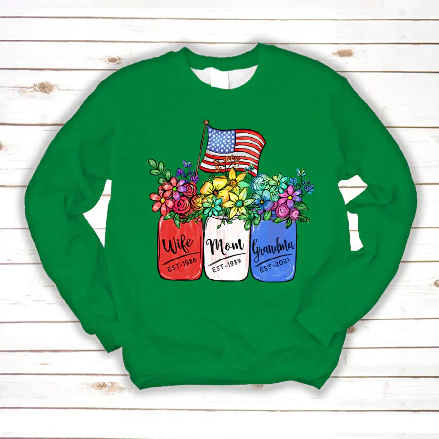 America Flag and Rainbow Floral Peace Wife Est Mom Est Grandma Est Sweatshirt