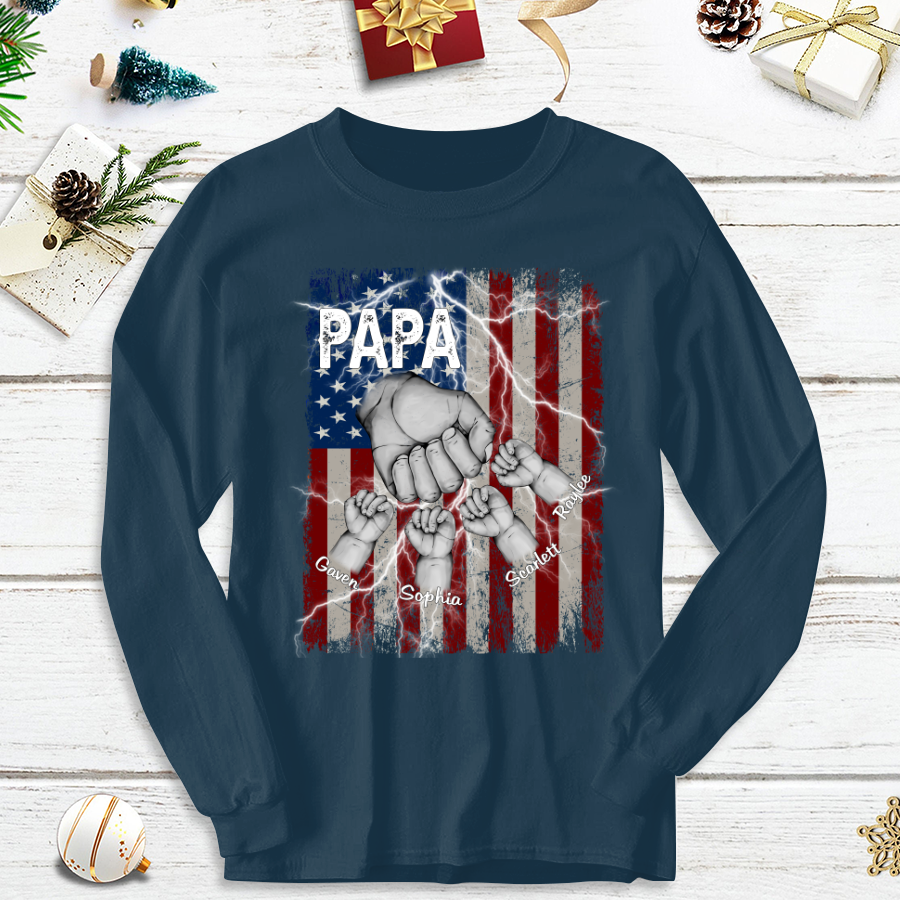 Customized Papa Grandkids Hands Flag Lightning for Proud Grandfathers Longsleeve