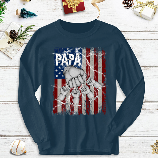 Customized Papa Grandkids Hands Flag Lightning for Proud Grandfathers Longsleeve