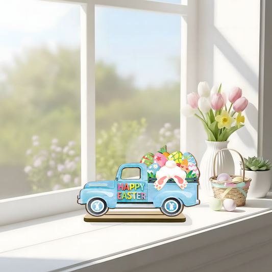 Personalized Easter Wooden Truck Plaque - Custom "Happy Easter" Decor with Colorful Eggs and Bunny Design