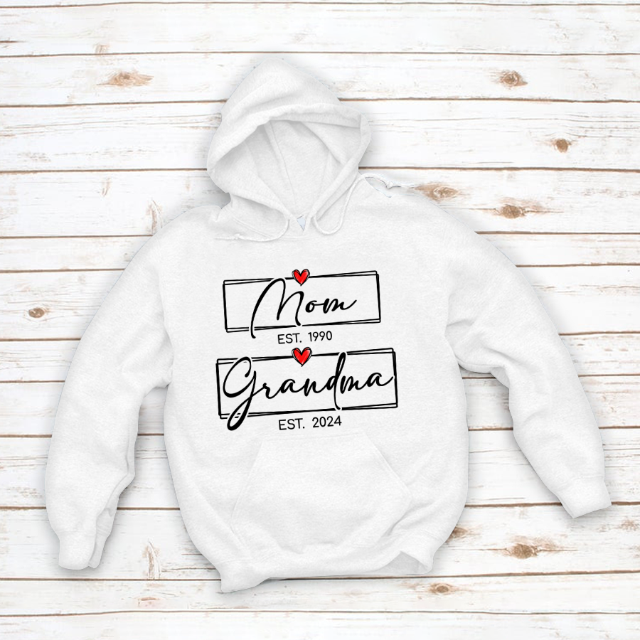 Mom Est Grandma Est Custom Heart Grandma Shirt, Mom Grandma Hoodie