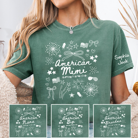 Personalized American Mimi T-Shirt Custom Family Nickname Shirt with Firework Design for 4th of July, Gifts for Mother's Day, Birthday