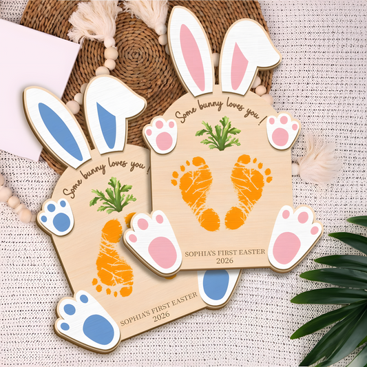 Personalized First Easter Wooden Plaque - "Some Bunny Loves You" with Baby’s Footprints, Custom Name and Date