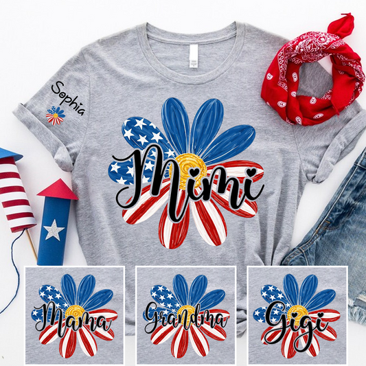 Custom Mimi T Shirt with Kids Names Floral Daisy American Flag Design Personalized Family Gift for Mimi 4th of July