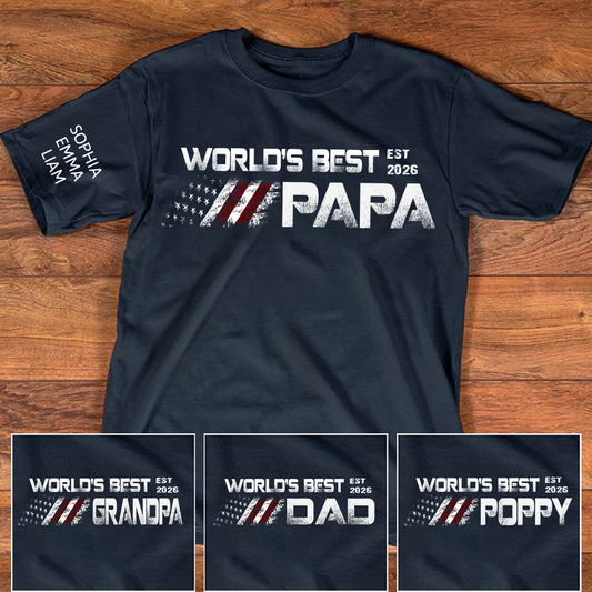Personalized World’s Best Papa Shirt Custom Kids Names on Sleeve, Patriotic American Flag Grandpa T Shirt, Fathers Day Birthday Gift for Papa Dad Grandpa