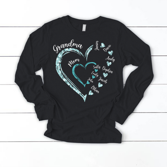 Heart Mom Grandma And Kids Custom Name Mother's Day Longsleeve