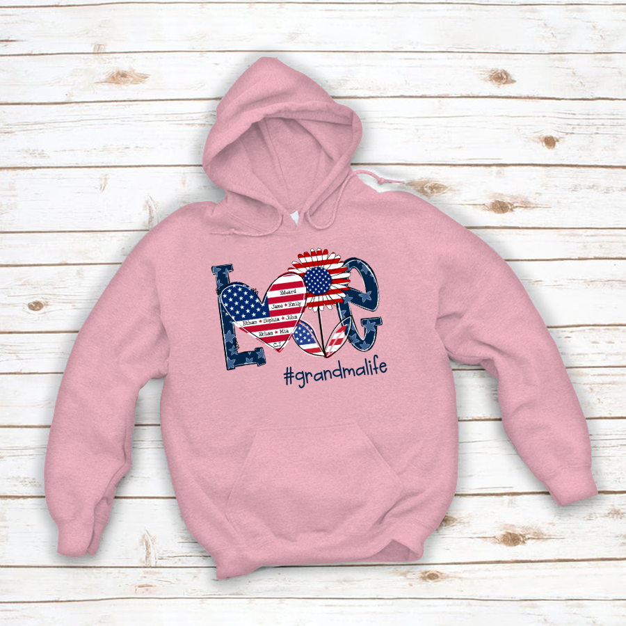 Love Grandma Life With Grandkids Heart Flag Sunflower Hoodie