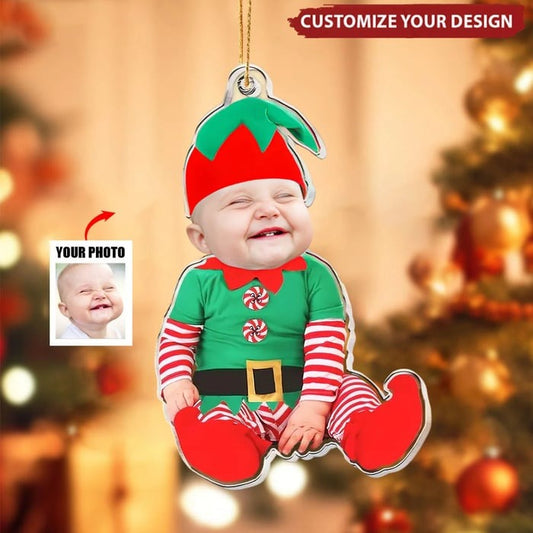 Personalized Baby Elf Ornament – Custom Face Christmas Ornament with Your Photo, Cute Baby’s 1st Christmas Gift 2025 Ornament
