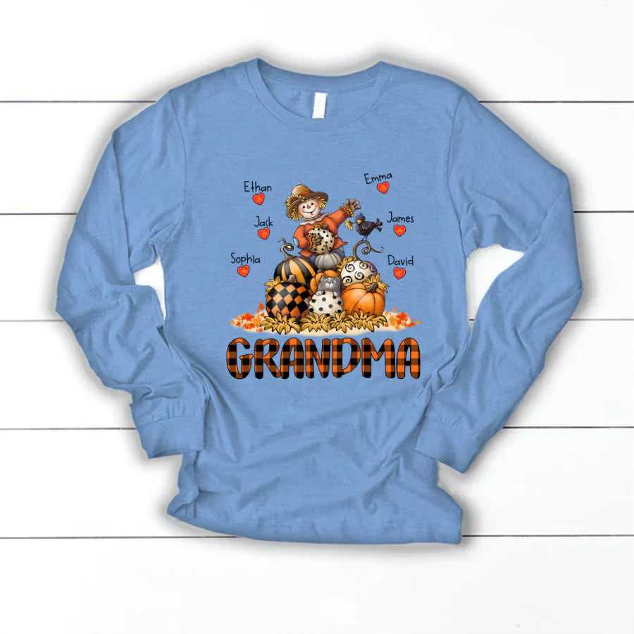 Grandma Fall Halloween Gift Custom Kidnames Longsleeve