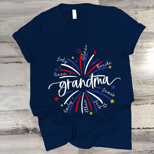Grandma firework star And Grandkids 4th of july V-Neck