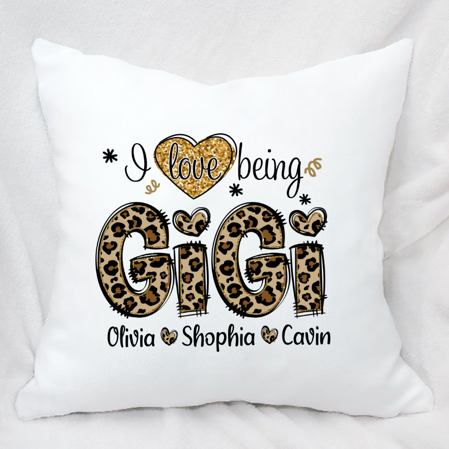 Personalized I love being Gigi Shirt, Custom Grandma With Grandkids Glitter Leopard Indoor Pillow