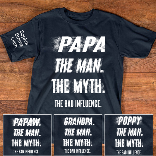 Personalized Papa Shirt with Kids Names, The Man Myth Bad Influence Grandpa Tee, Fathers Day Birthday Christmas Gift