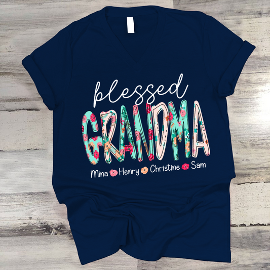 Blessed Grandma Flower And Grandkids Mother's Day V-Neck
