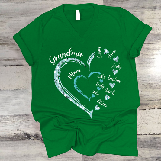 Heart Mom Grandma And Kids Custom Name Mother's Day V-Neck