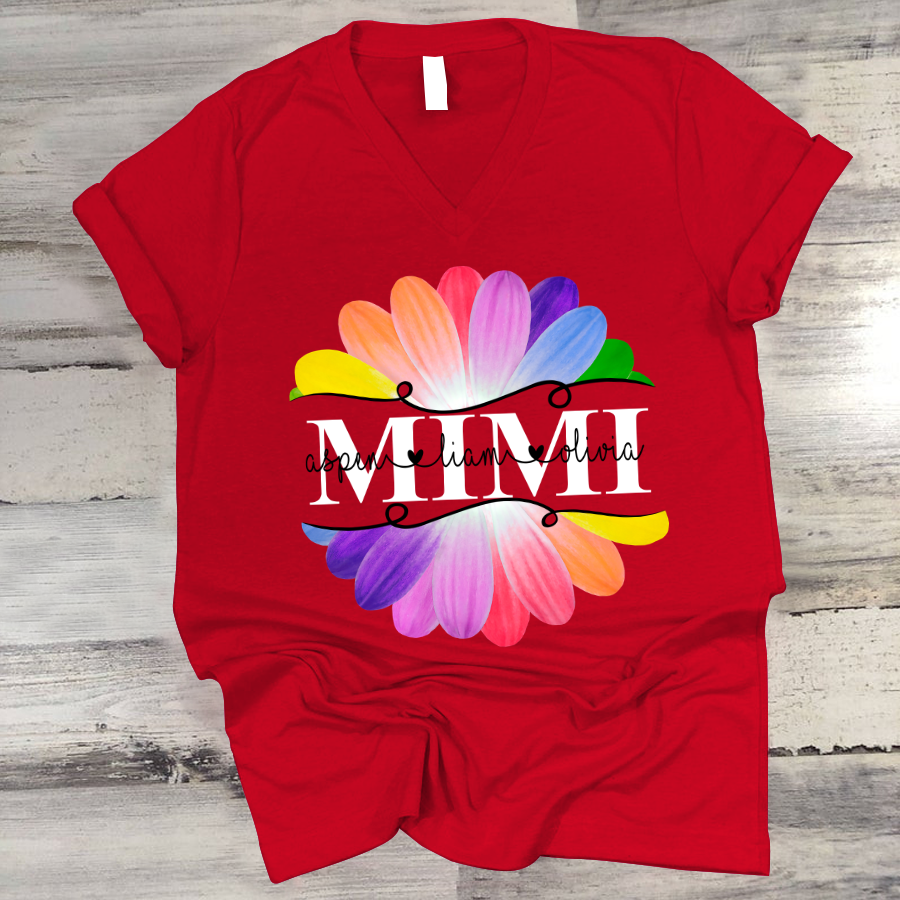 Mimi And Grandkids Flower Rainbow V-Neck