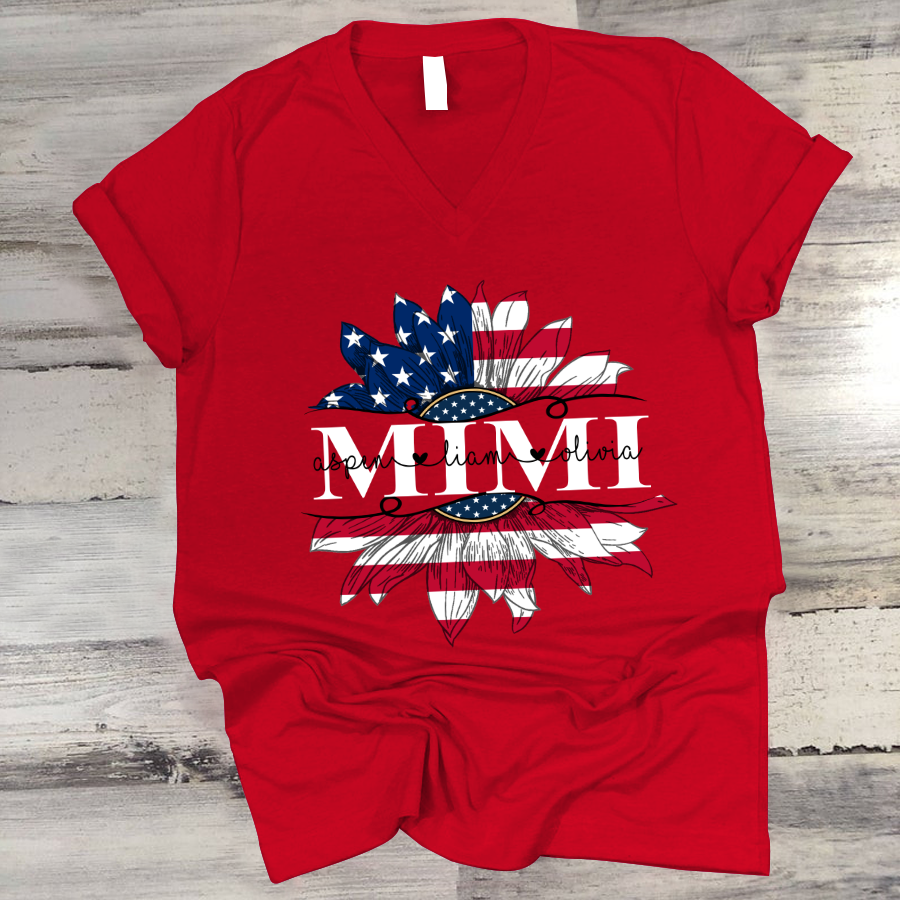 Mimi And Grandkids Sunflower Flag American V-Neck