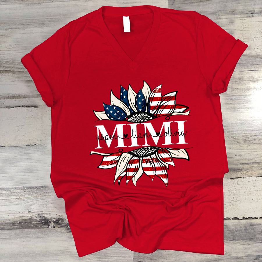 Mimi And Grandkids Sunflower Independence V-Neck