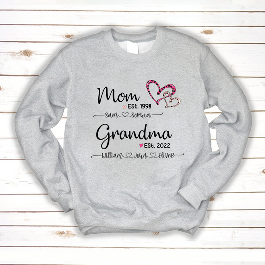 Mom Est Grandma Est And Kids Name Heart Pink Leopard Sweatshirt