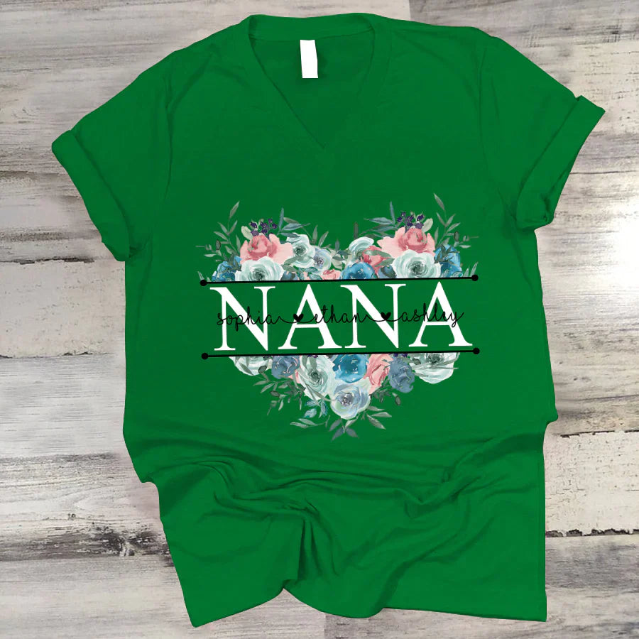 Pastel Peony Rose Nana And Grandkids CTH01 V-Neck
