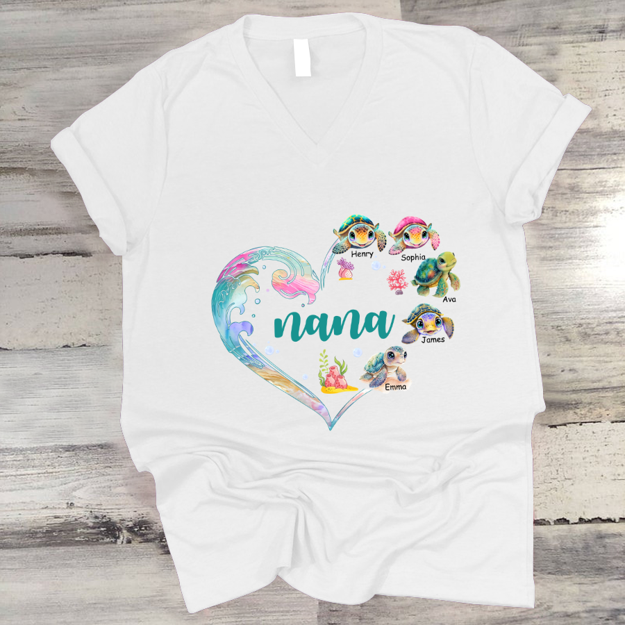 Personalized Grandma and Grandkid's Heart Turtle Mother's Day V-Neck