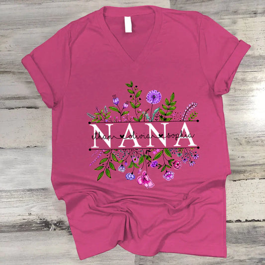 Wildflowers Nana And Grandkids Watercolor V-Neck