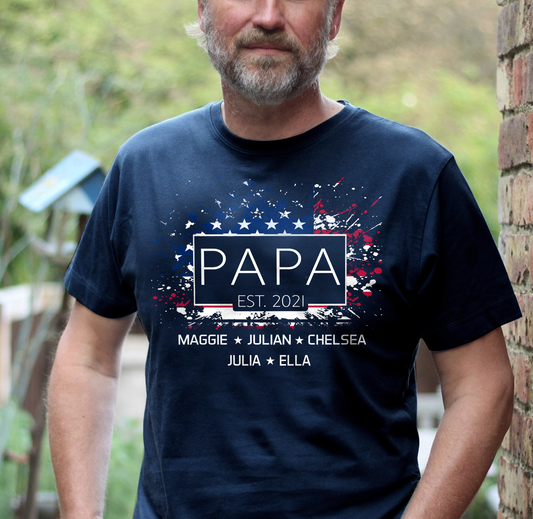 Personalized Papa Est T-shirt, Custom Papa with Grandkids US Flag American Independence Day T-Shirt, Custom Father's Day Shirt