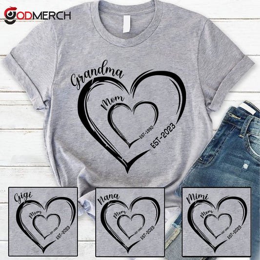 Mom Est Grandma Est Hearts, Best Mother's Day Gift T-Shirt