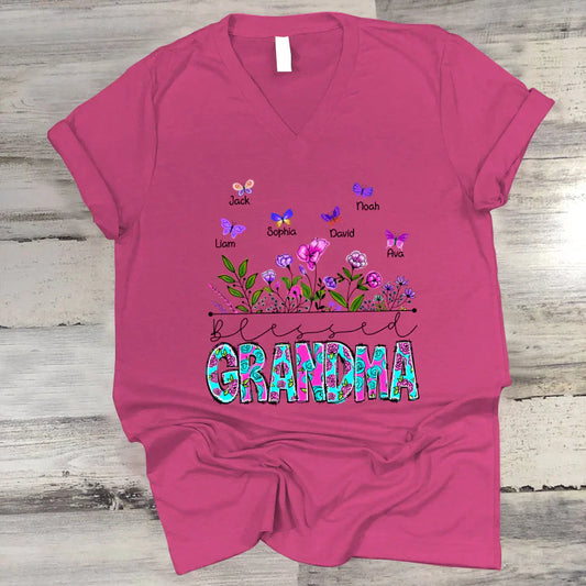 Blessed Grandma Wildflowers And Butterflies Shirts For Grandma V-Neck