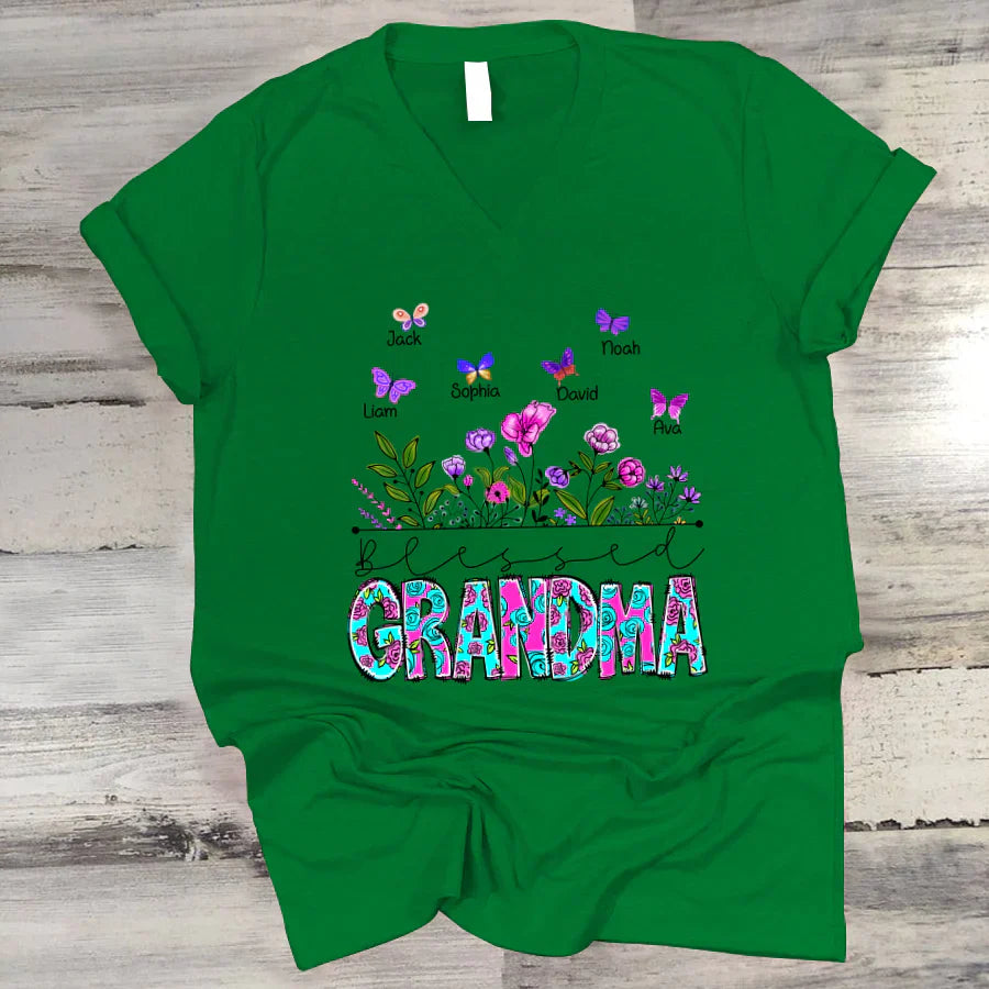 Blessed Grandma Wildflowers And Butterflies Shirts For Grandma V-Neck