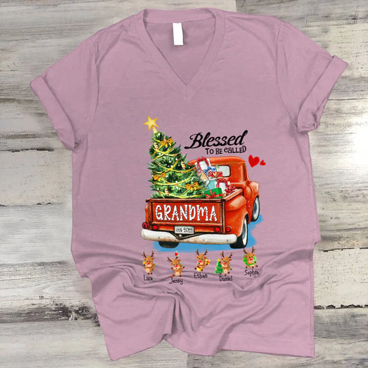 Blessed to be called Grandma Christmas Tree Truck Reindeer V-Neck