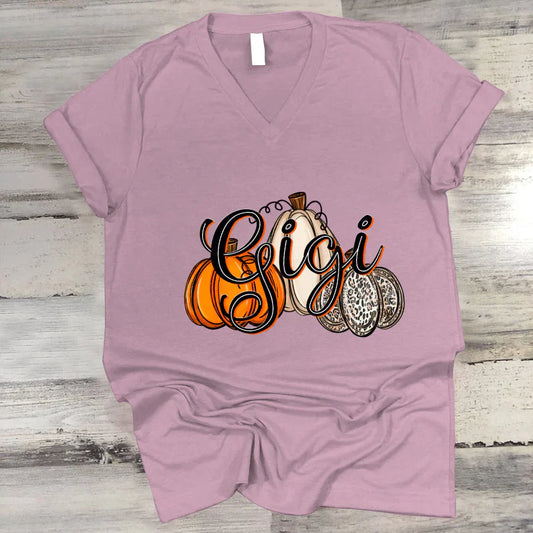 Gigi Pumpkins Leopard Autumn V-Neck