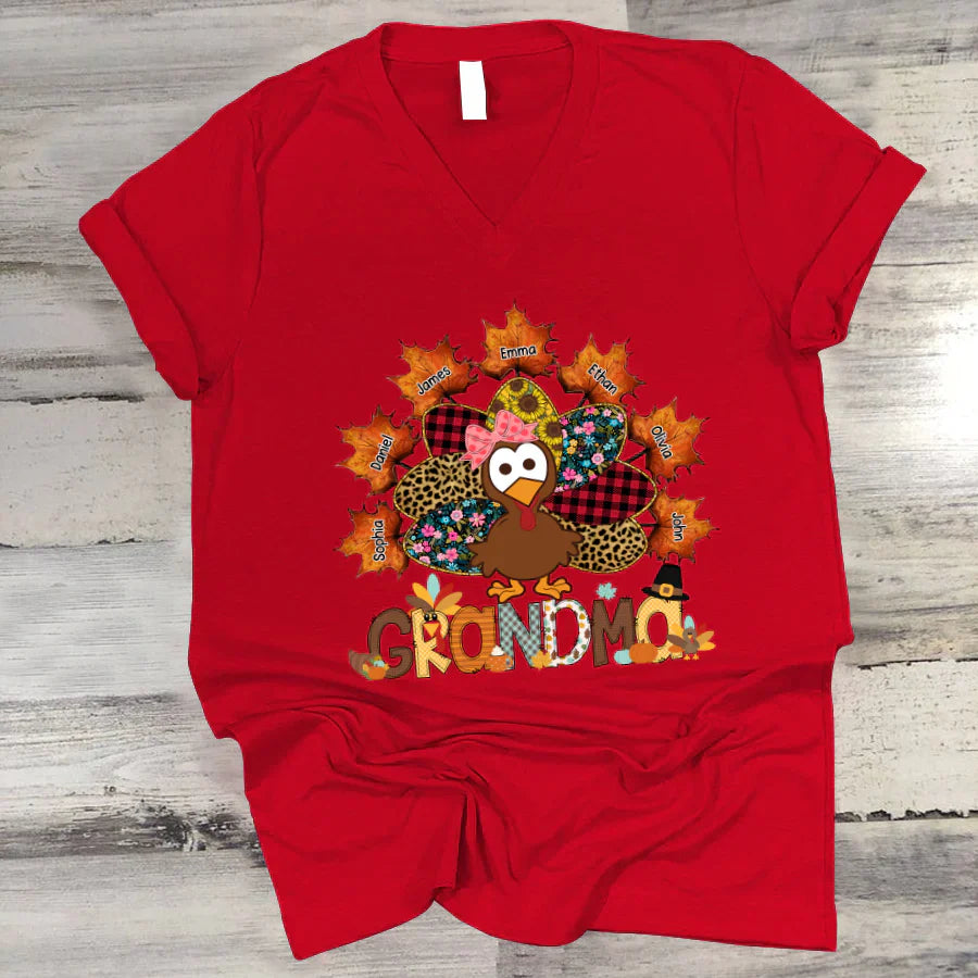 Grandma And Grandkids Thanksgiving Autumn Turkey V-Neck