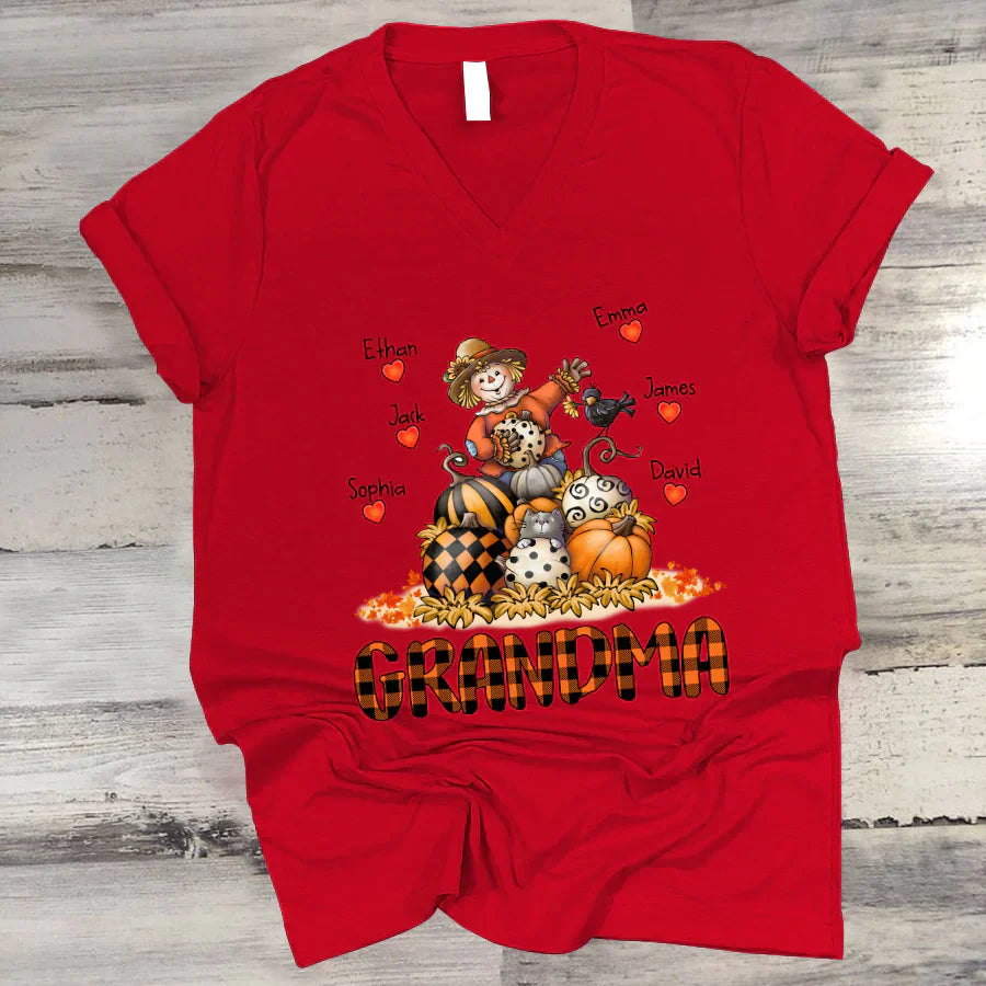 Grandma Fall Halloween Gift Custom Kidnames V-Neck