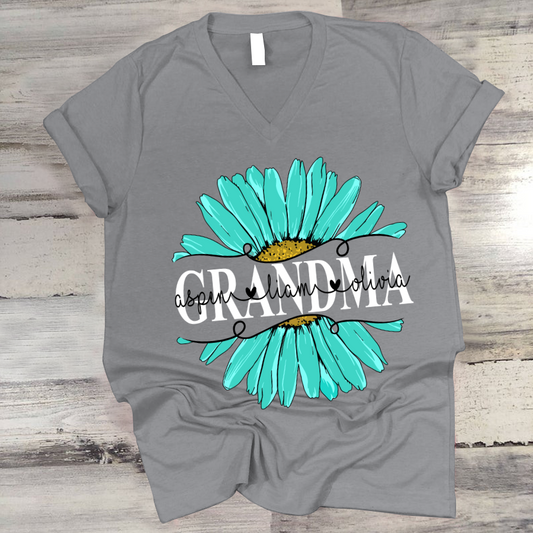 Grandma Flower Daisy Turquoise And Grandkids Mother's Day V-Neck